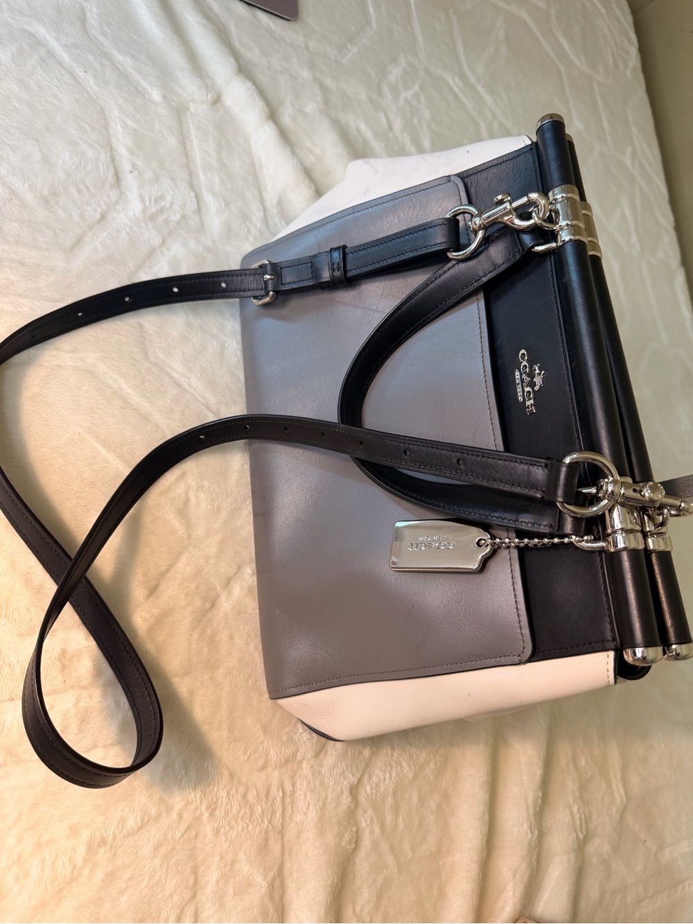 Coach Grace Colorblock Leather Satchel in Black, Gray & White - Picture 10 of 16